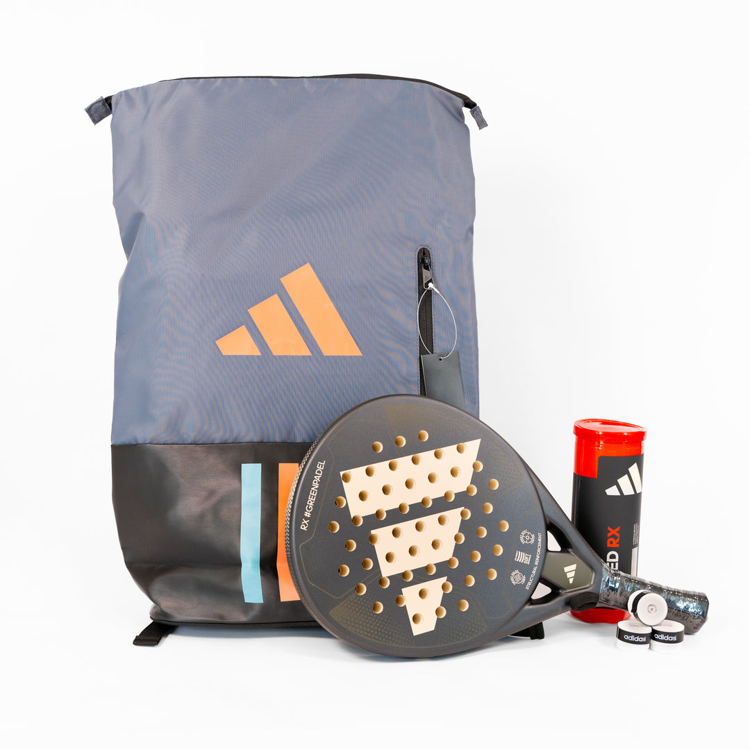 Adidas RX Carbon Padel-Schläger, Adidas Padel RX Bälle und Adidas Padel RucksackAdidas Overgrips